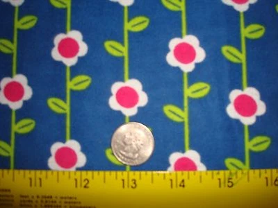 Bright Pink and white Flower Stripe Flannel on Blue Springs Creative 2 yds 33"  - Image 1 of 4