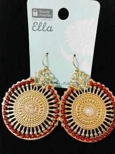 CIRCLE EARRINGS COLORFUL GOLD TONE BY ELLA DANGLE WEAVED HOOP PIERCED - Picture 1 of 3
