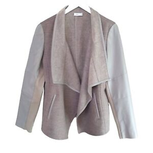 VINCE Women's L Beige Wool Blend Mixed Media Leather Sleeve Drape Front Jacket