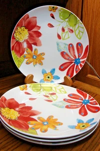 Studio California Set (4) 10.2" Colorful Floral Dinner Plates~Laurie Gates W15 - Picture 1 of 4