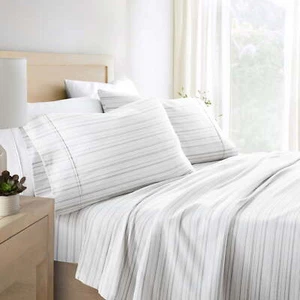 Gray Weathered Stripe 4 Piece 100% Cotton Flannel Deep Pocket Sheet Set, Queen, - Picture 1 of 7