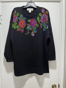 Suéter Pullover Victoria Mujer Vintage Secuencia Cuentas Negro 2XL Floral Fiesta - Imagen 1 de 4