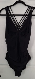 Women Bathing Suit Swimsuit Black Knotted Strappy Back Plunge Neckline Ruched L - Picture 1 of 10