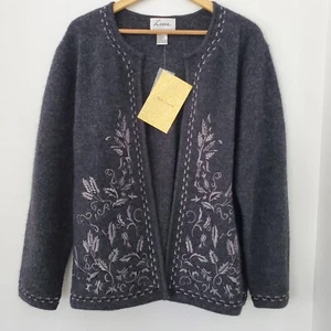NWT LINEA Louis Dell'Olio Sz L Embroider Floral Open Jacket Gray 100% Wool Boxy  - Picture 1 of 13