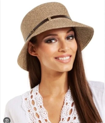 NEW Nine West Packable Microbrim Hat NWT Boho Brown Neutral Straw Belt - Image 1 of 3