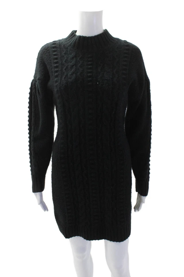 Vestido suéter tejido con cable cuello falso manga larga negro talla pequeña 525 para mujer Foto 1 de 4
