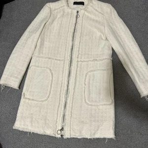 Zara Woman White Cream Tweed Fringe Zip Front Long Blazer Jacket Coat Size S - Picture 1 of 13