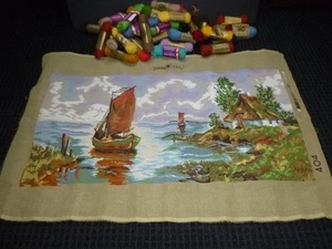 Vintage Sammlung D Kunst Nadelspitze Leinwand #404 Meereslandschaft Boot Landhaus mit Garn 23x36 - Bild 1 von 13