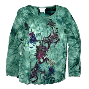 Alberto Makali Tight Long Sleeve Scoop Neck Top Boho Artsy Ruched Sides Sz Lg - Picture 1 of 9