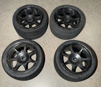 HPI Black 7 Spoke 31mm Wheels + Radial Tire (x4) Tamiya/Kyosho/associated 3570 - Image 1 of 3
