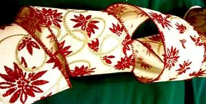 Red Glittered Poinsettias 2.5" by 2 yards Ivory Wired Ribbon Gold Christmas NICE - Picture 1 of 3