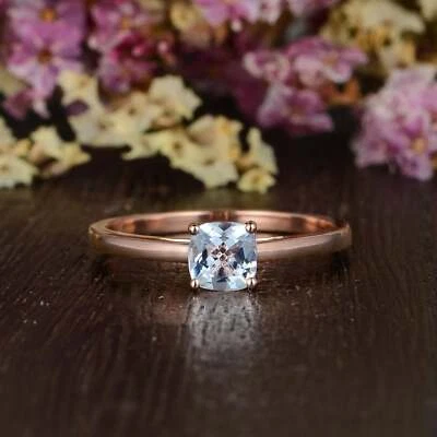 Минималистское кольцо-солитер с натуральным синим аквамарином 0,7 карата 100% чистое розовое золото 14 карат - Изображение 1 из 4
