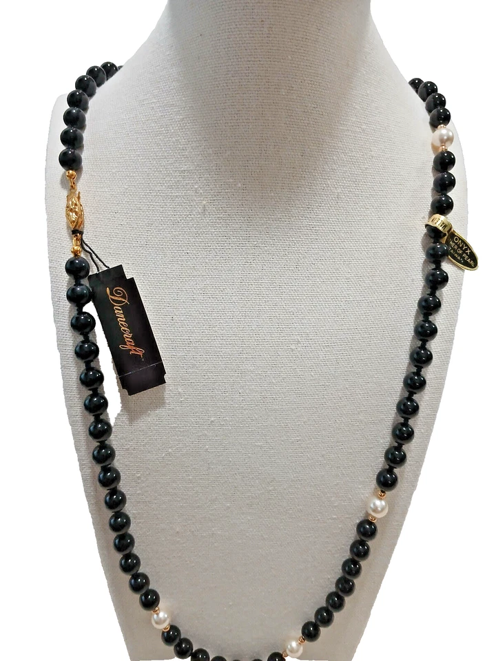 Ónice Negro Collar 30" 8MM Danecraft 8MM Nácar Cuentas Mano Nudo de Nuevo - Imagen 1 de 4