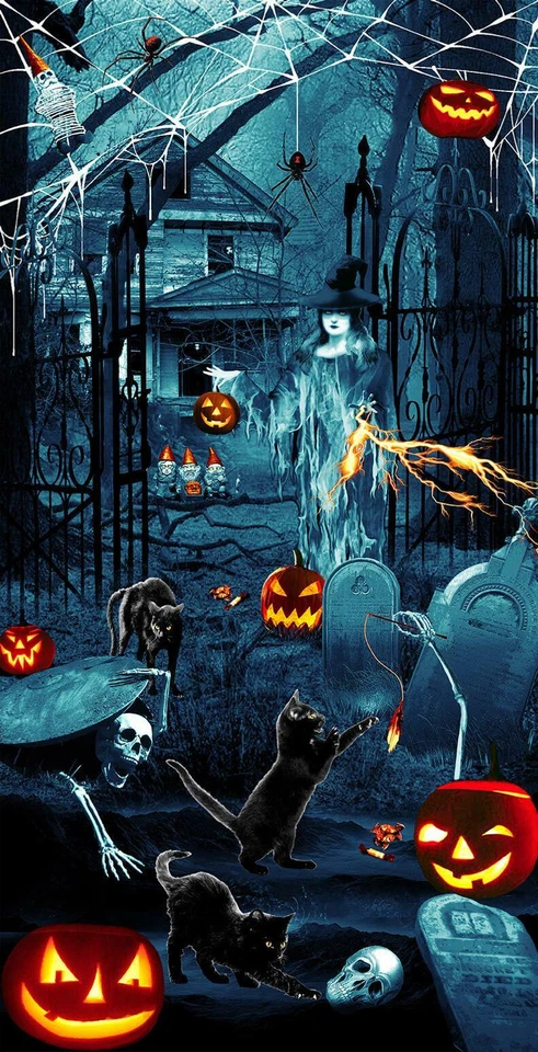 Halloween Thriller Night Glow In Dark Witch Gnomes House Cotton Fabric 24" Panel - Image 1 of 1
