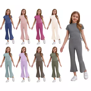 Girls Two Piece Running Activewear Short Sleeve Outfits Birthday Party Sets Gym - Picture 1 of 116