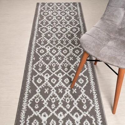 Custom Length Stair Hallway  Runner Rug Non Slip Backing, Trellis Grey - Image 1 of 4