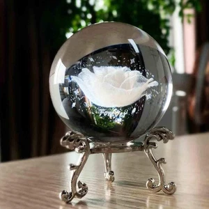 60mm 3D Inner Carving Rose Flower Crystal Ball Paperweight - Picture 1 of 9