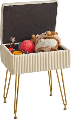 Beige Velvet Storage Ottoman Stool Square Bench Dressing Table Seat - Image 1 of 4