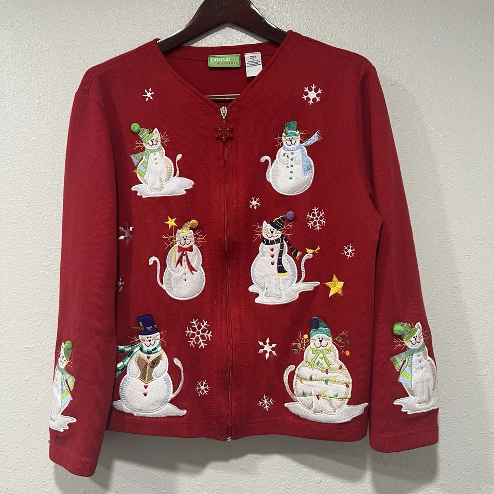 Muñeco de Nieve Gatos Feo Navidad Suéter Cárdigan Grannycore Talla Mediana De Colección Rojo Foto 1 de 4