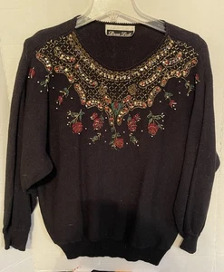 Vintage Beaded Christmas Sweater Pullover Black Dana Scott 90s Holiday - Picture 1 of 3