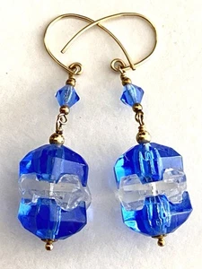 Vintage 1/20 14k Gold Stunning Sapphire Blue Geometric Glass Drop earrings - Picture 1 of 9