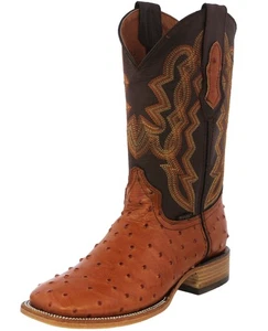 Mens Western Cowboy Boots Orange Ostrich Quill Print Leather Square Botas Hombre - Picture 1 of 5
