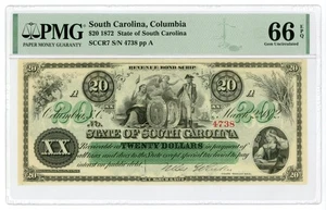 Billete de $20 The State of South Carolina 1872 Cr.7 - PMG Gem 66 EPQ - Imagen 1 de 2