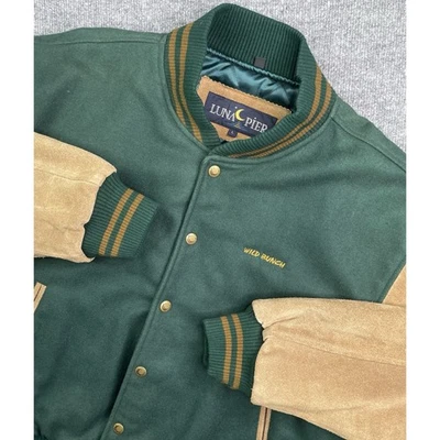 Chaqueta Universitaria Luna Pier Para Hombre L Verde Cuero Mangas Lana Forro Acolchado A Presión Foto 1 de 4