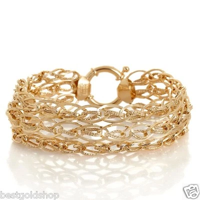 Brazalete Technibond Corte Diamante Triple Fila Bordillo Chapado en Oro Amarillo 14K Plata Foto 1 de 2