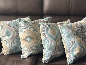 PILLOWS 16" x 16" MEDALLION DESIGN INDOOR/OUTDOOR TEAL GOLD BROWNS SET OF 4 - Picture 1 of 24