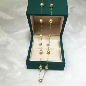 Beautiful AAAA 8-9mm real natural south sea gold round pearl necklace 18k Gold - Picture 1 of 4