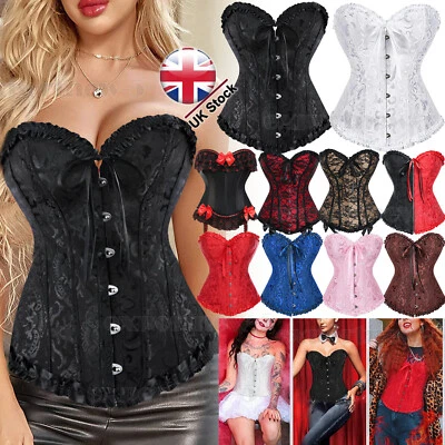 Womens Corset Top Basque Top Overbust Boned Corset Lace Up Costume Size UK 6-24 - Image 1 of 4