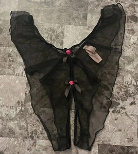 VICTORIA'S SECRET BLACK MESH PINK ROSE APPLIQUE CROTCHLESS VINTAGE RARE PANTIES - Picture 1 of 7