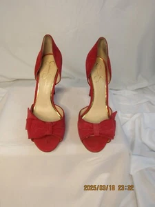 jessica simpson red suede peep toe stilleto heels size 9.5 with half bow detail - Picture 1 of 9