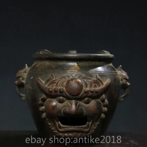 7.2" Rare Old Chinese Copper Dynasty Palace Lion Beast Face Incense Burner - Picture 1 of 9