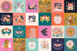 Dashwood Studios Decade Panel 100% Cotton Fabric Moth Floral Bird Fox Lion Cat - Picture 1 of 11