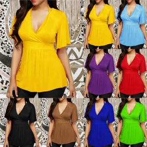 Damen Frauen V-Ausschnitt Kurzarm Schößchen T-Shirt lässig lose Tunika Tops Plus Größe - Bild 1 von 16