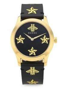 GUCCI G-Timeless Black Leather Star Bees Dial Women's Watch New RT $1100.0 - Picture 1 of 3