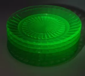 DEPRESSION GLASS VASELINE GLASS HOCKING PILLAR OPTIC DECO SET OF 6 PLATES 6.25" - Picture 1 of 7