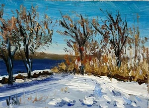 ACEO Original Oil Painting Winter Landscape Forest River Art Signed Framed - Picture 1 of 10