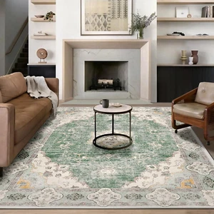 Rug 9X12 with Vintage Floral Printed Pattern Machine Washable Non-Slip Rugs for - Picture 1 of 9