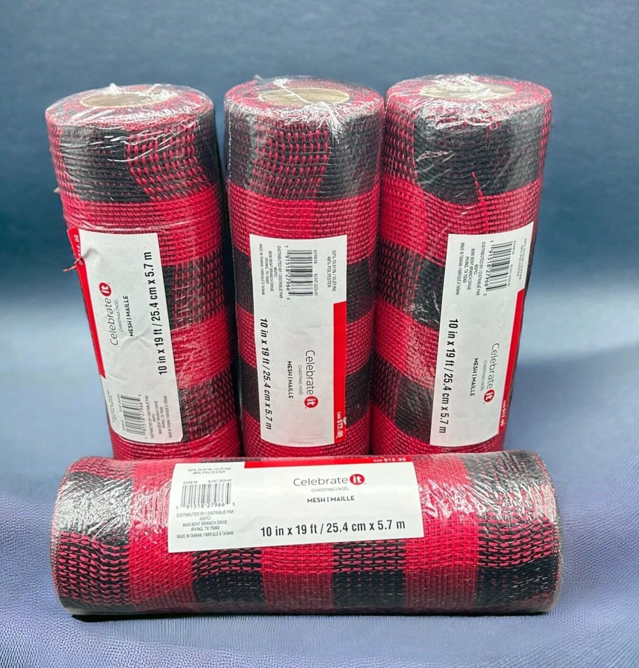 Lote de 4 rollos de malla decorativa a cuadros rojos negros de 10" x 19 pies coronas de Navidad artesanías hágalo usted mismo Foto 1 de 4