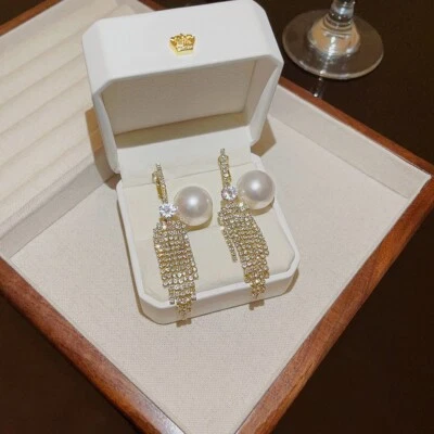 Long White Pearl Rhinestone Earrings Long Tassel Gold Jumbo Pearls Stud Pierced - Image 1 of 4
