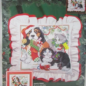 Bucilla Santa Paws Hund Katzen Kreuzstich Kissen oder Bild Set Neu Vintage 1995 - Bild 1 von 6