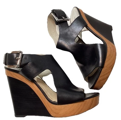 * Sandalias Michael Kors para mujer talla 6 M Josephine de cuero con tacón de cuña negras Foto 1 de 4