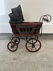 Vintage antiker viktorianischer Babypuppe Kinderwagen Buggy Korb Holz & Stahl