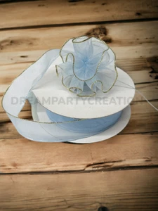 7/8" (LIGHT BLUE) Organza PULL RUFFLED BOW Ribbon GOLD Edge on one side 25 Yds - Picture 1 of 1