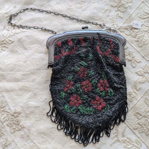 Antiguo Monedero Victoriano Vintage Rojo Negro Verde Cuentas Floral Museo Deacceso - Imagen 1 de 14