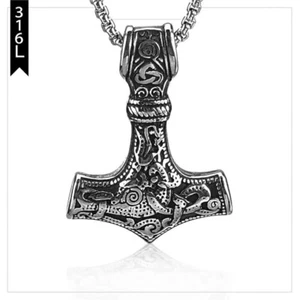 Herren Edelstahl Nordisch Wikinger Thors Hammer Mjolnir Anhänger Halskette - Bild 1 von 8