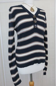 Per Una Striped Jumper Size 12 Ribbed Thin Knit Cotton Linen Blend - Picture 1 of 13